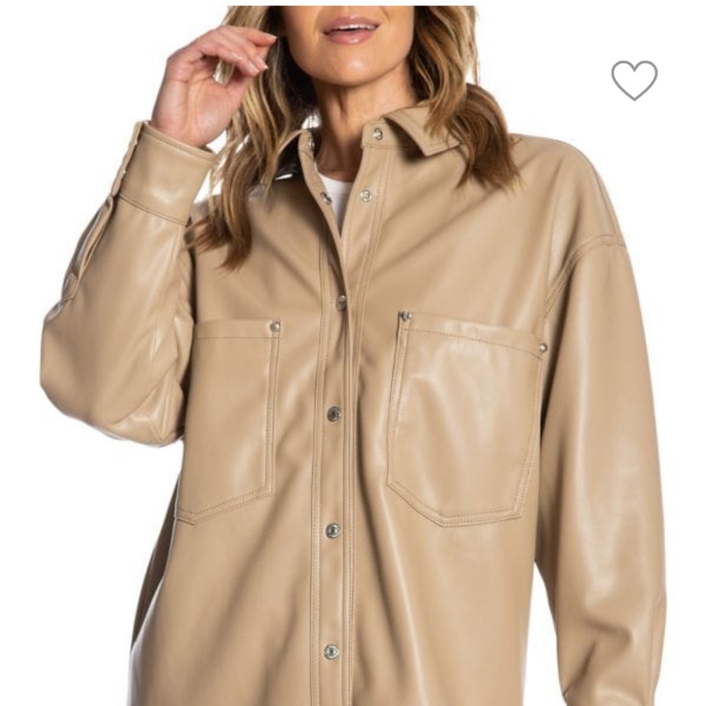 Faux leather shirt jacket with snaps